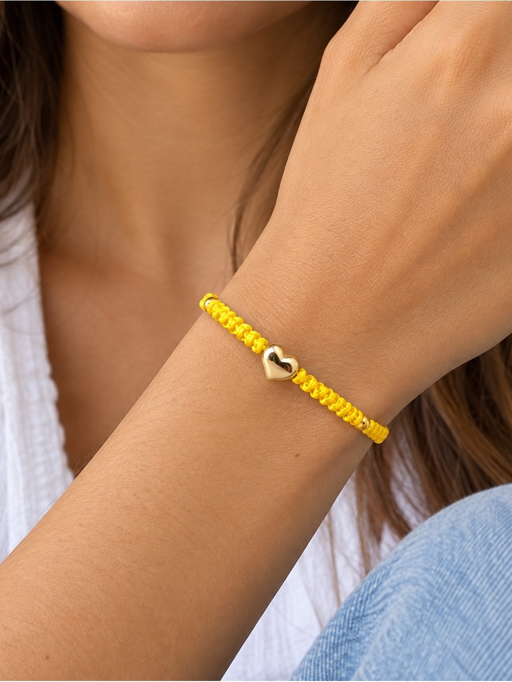 Handmade Yellow Macrame Stainless Steel Puffed Heart Adjustable Bracelet Summer